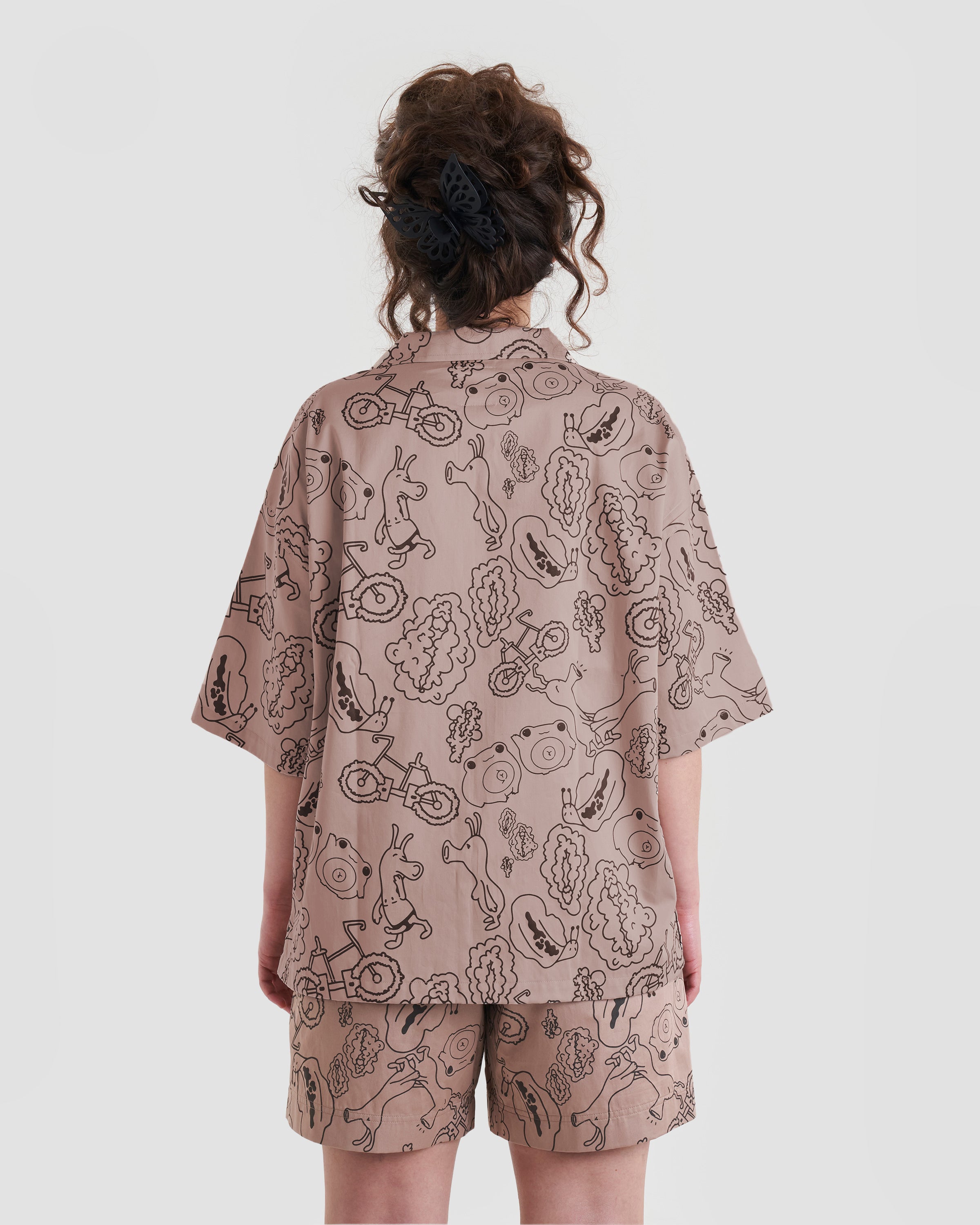 Taboo Oversized Baggy Button Up Shirt with Graphic Print in Light Brown